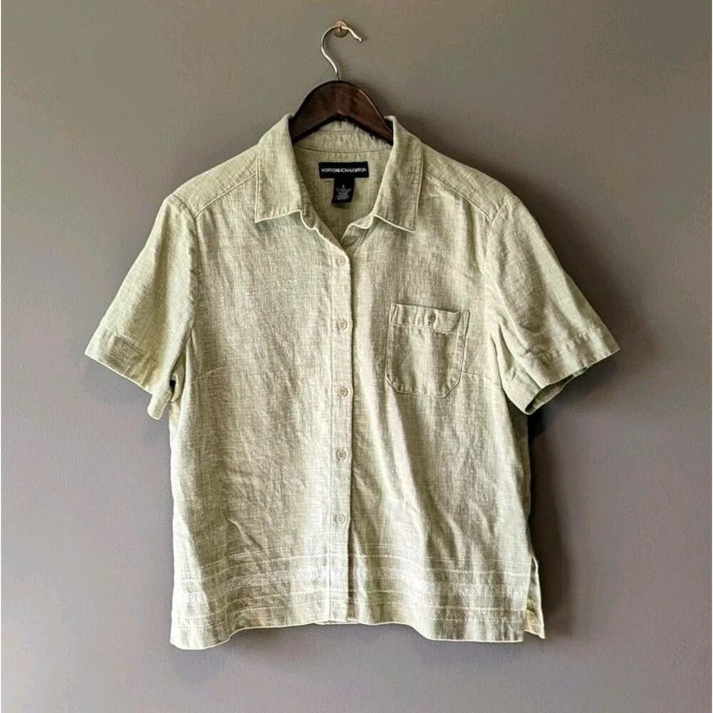 Vintage Norton McNaughton Womens Large L Linen Cotton Shirt Short Sleeve Green